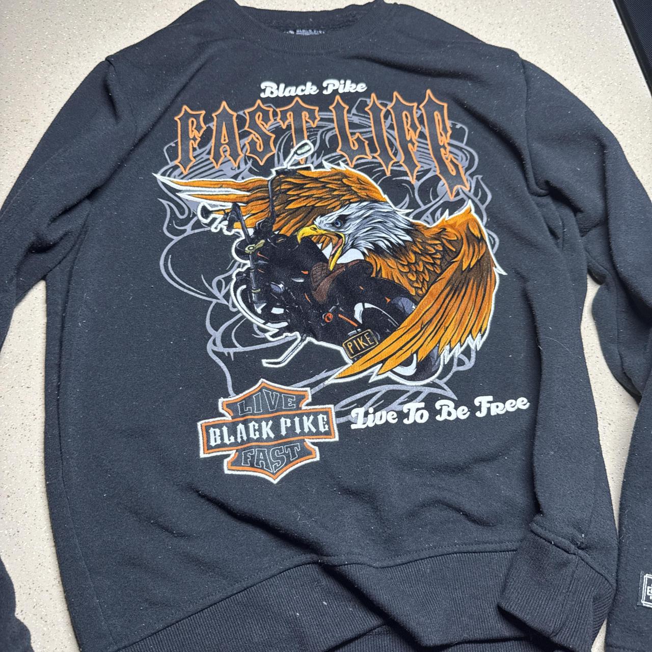 Black Pike crewneck sweatshirt with orange &amp; white...