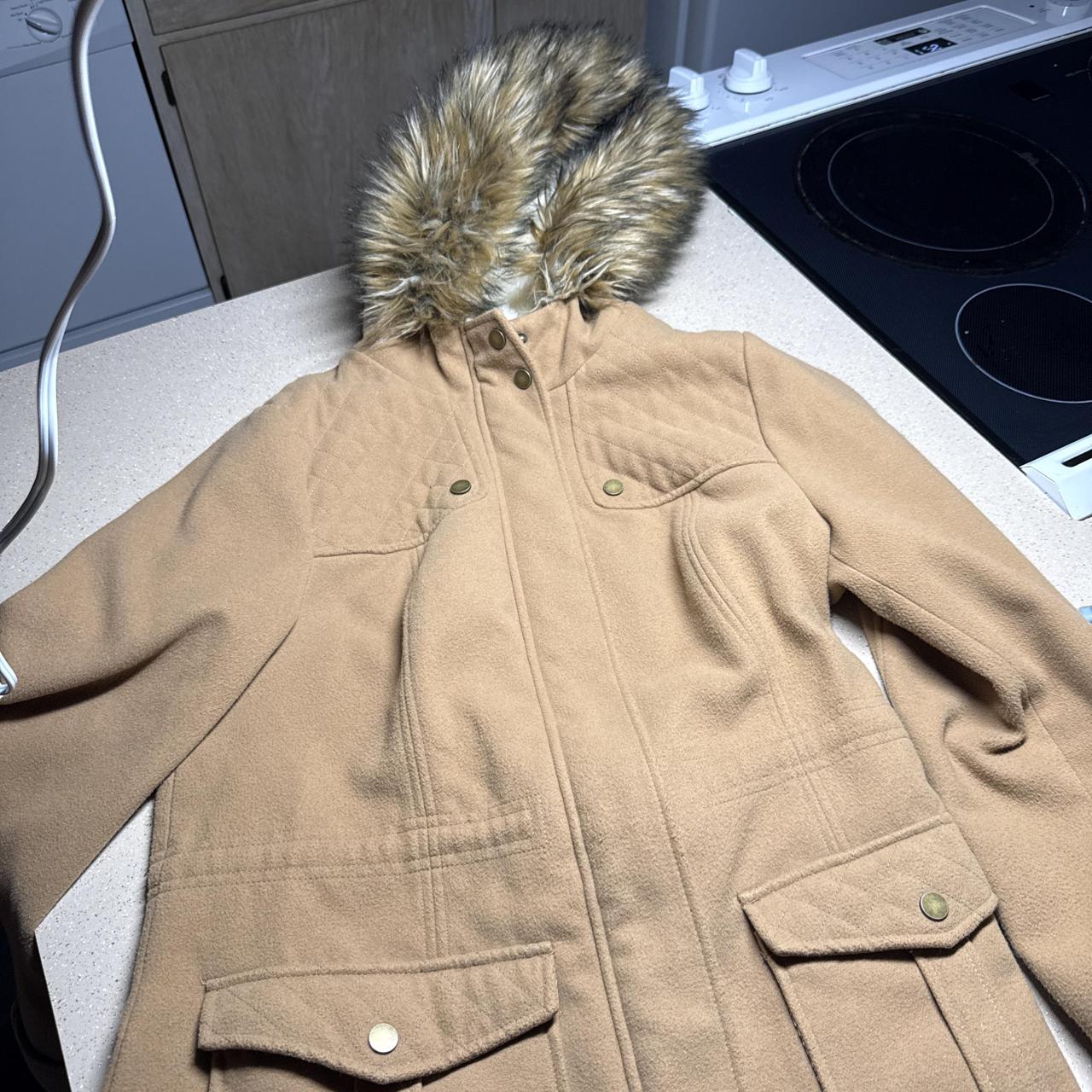 Tan &amp; cream faux fur hooded coat in size M...