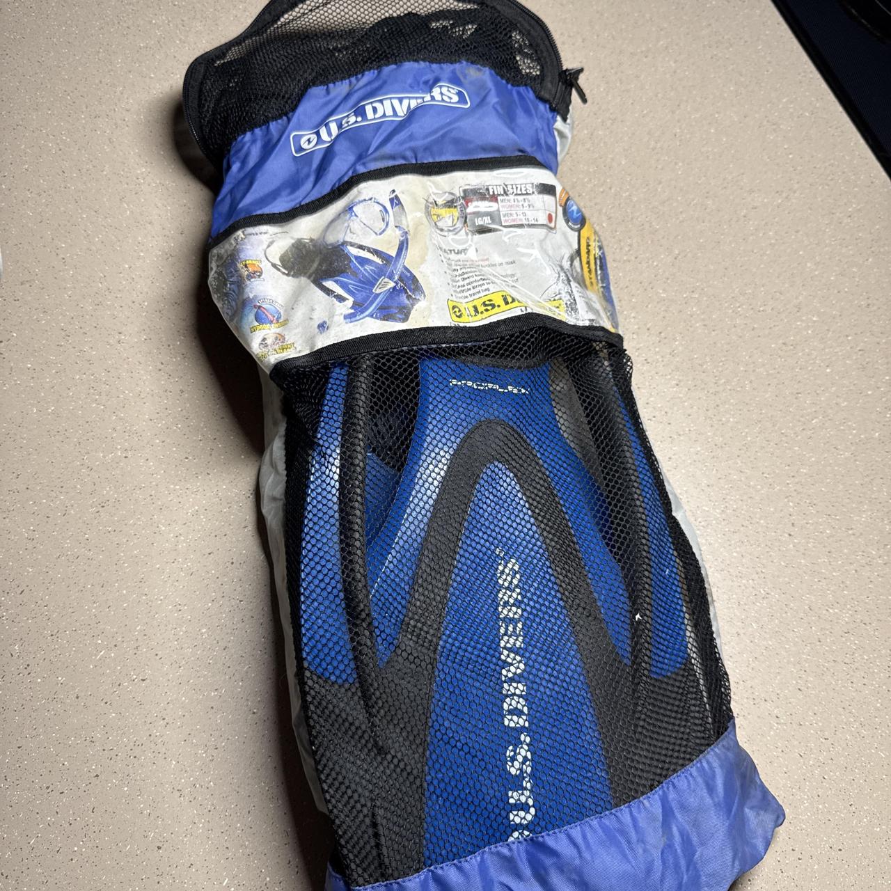 Blue and black Rite Aid fins with black curved...