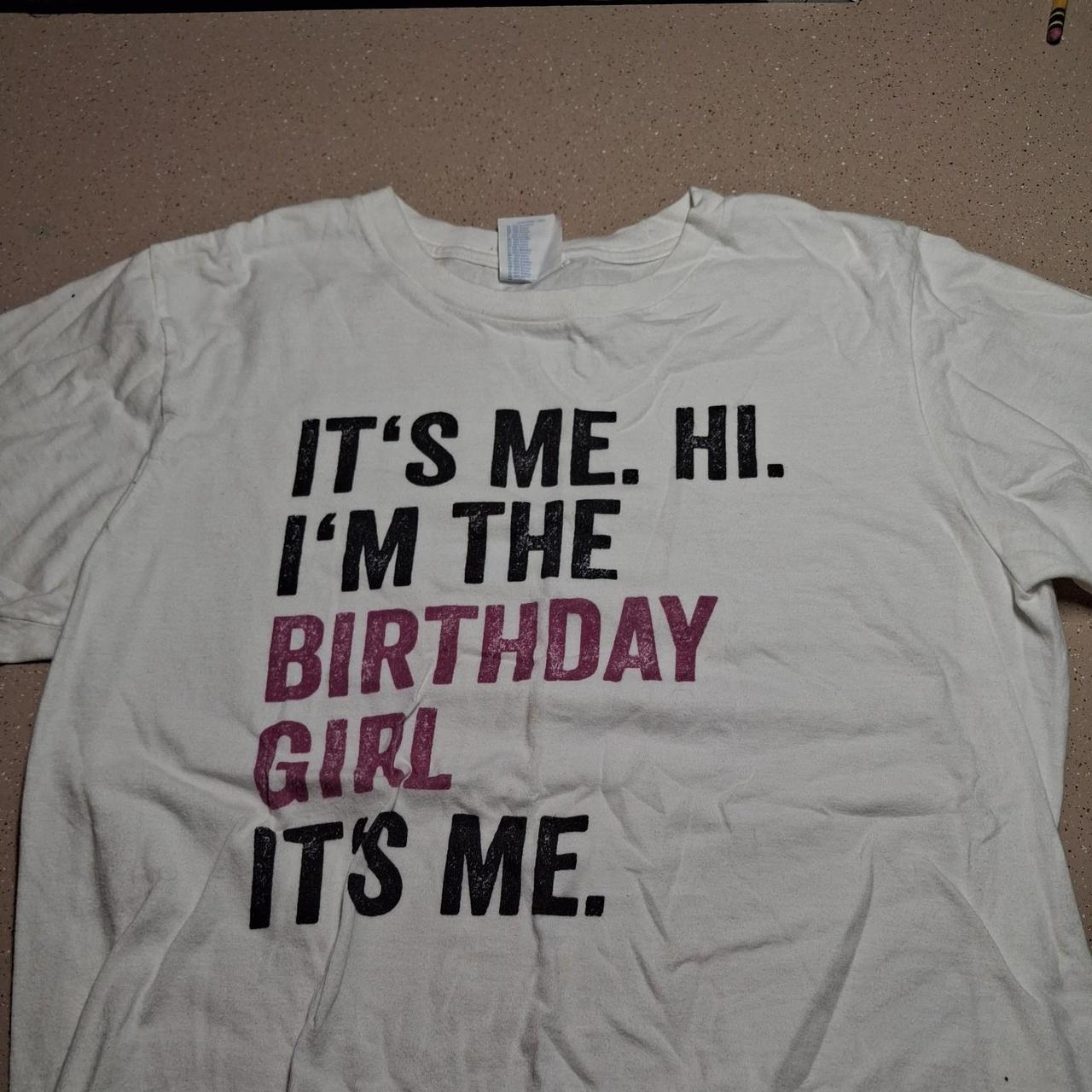 White birthday girl tee with black and purple text...