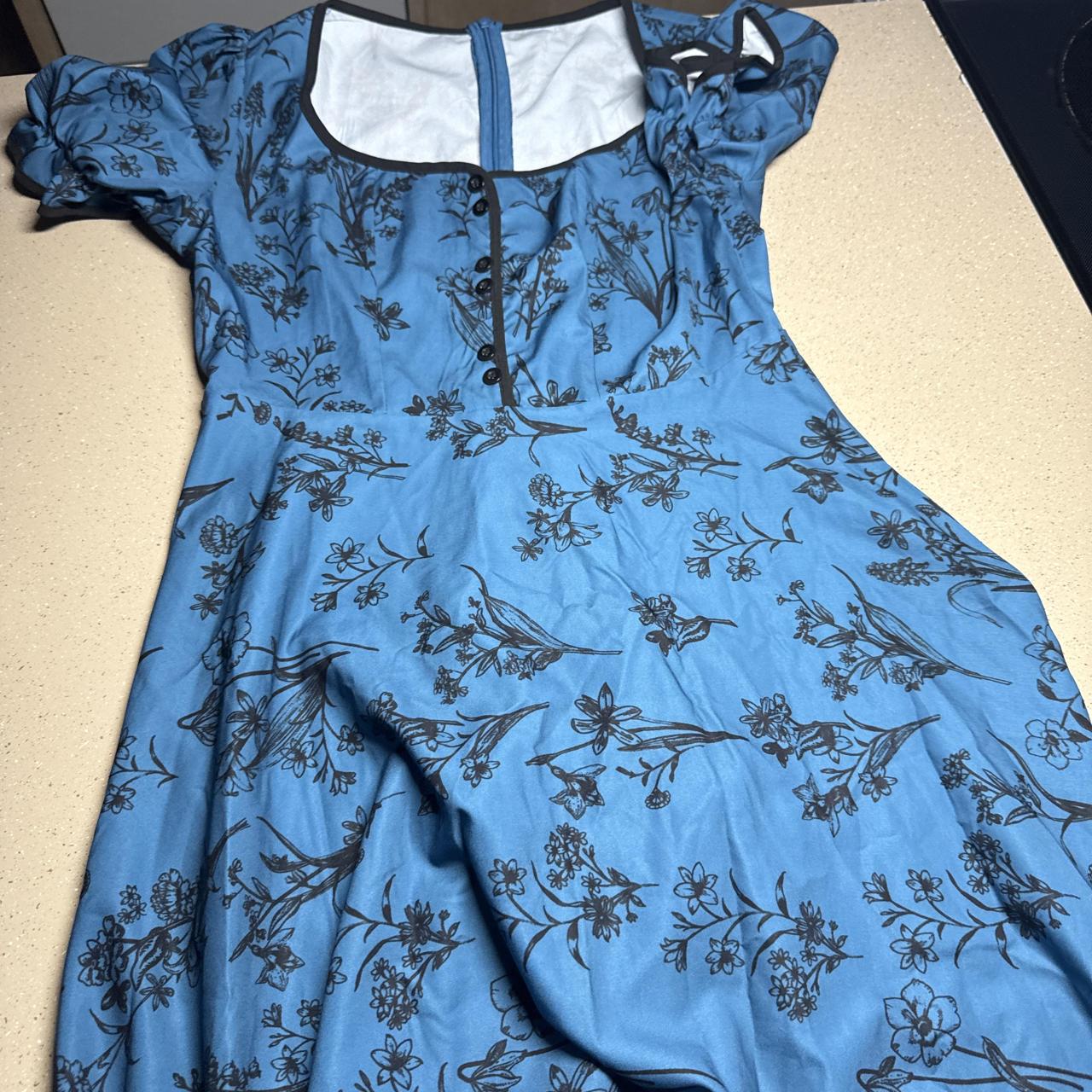 Blue dress with black floral and bird print #floral...
