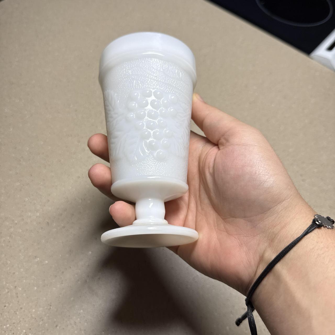 White milk glass grape goblet with embossed...