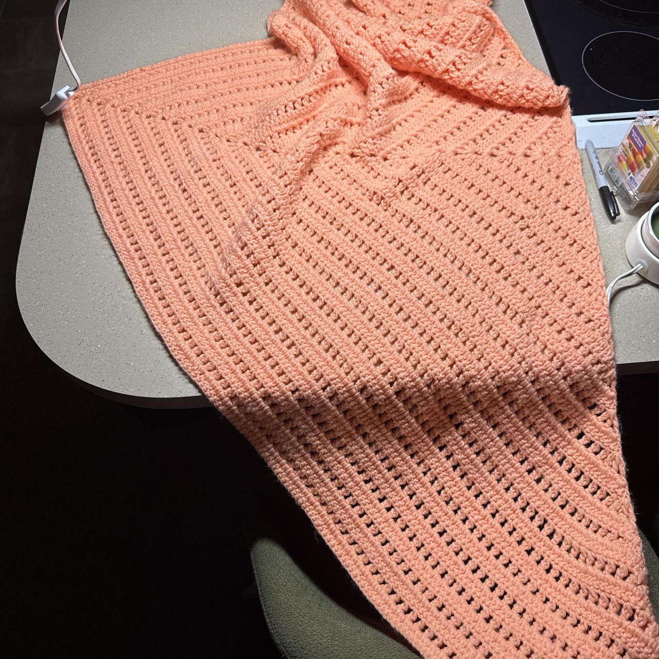 Handmade coral crochet poncho with textured diamond...